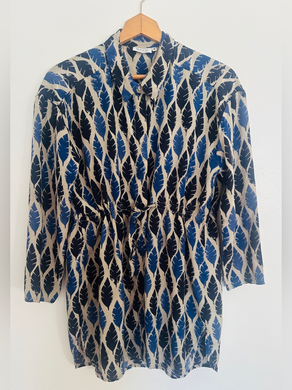 MASAI Copenhagen Blue Feather Print Tie Waist Tunic Shirt Medium
